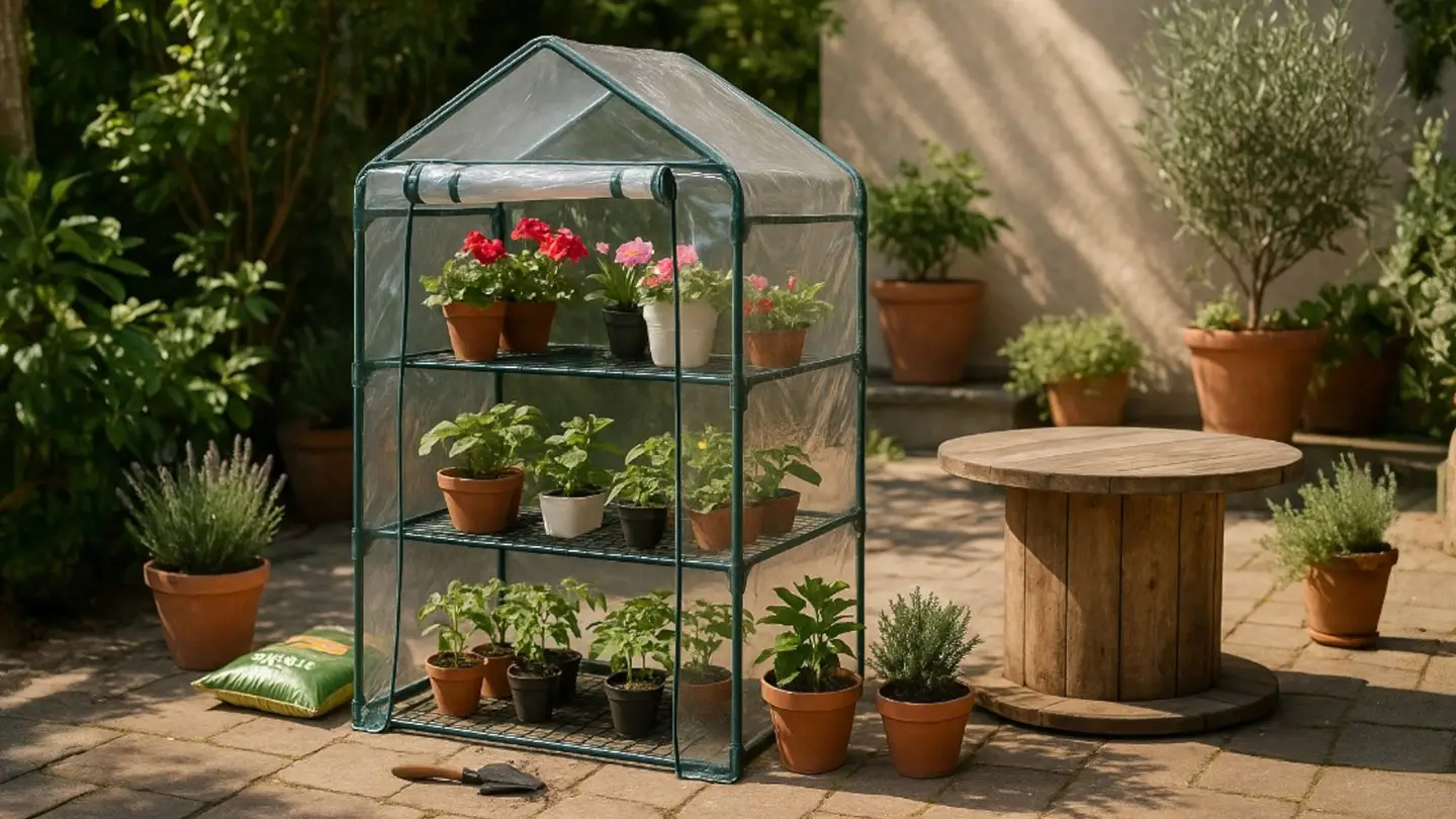 Portable greenhouse in plastic standing on a brick patio