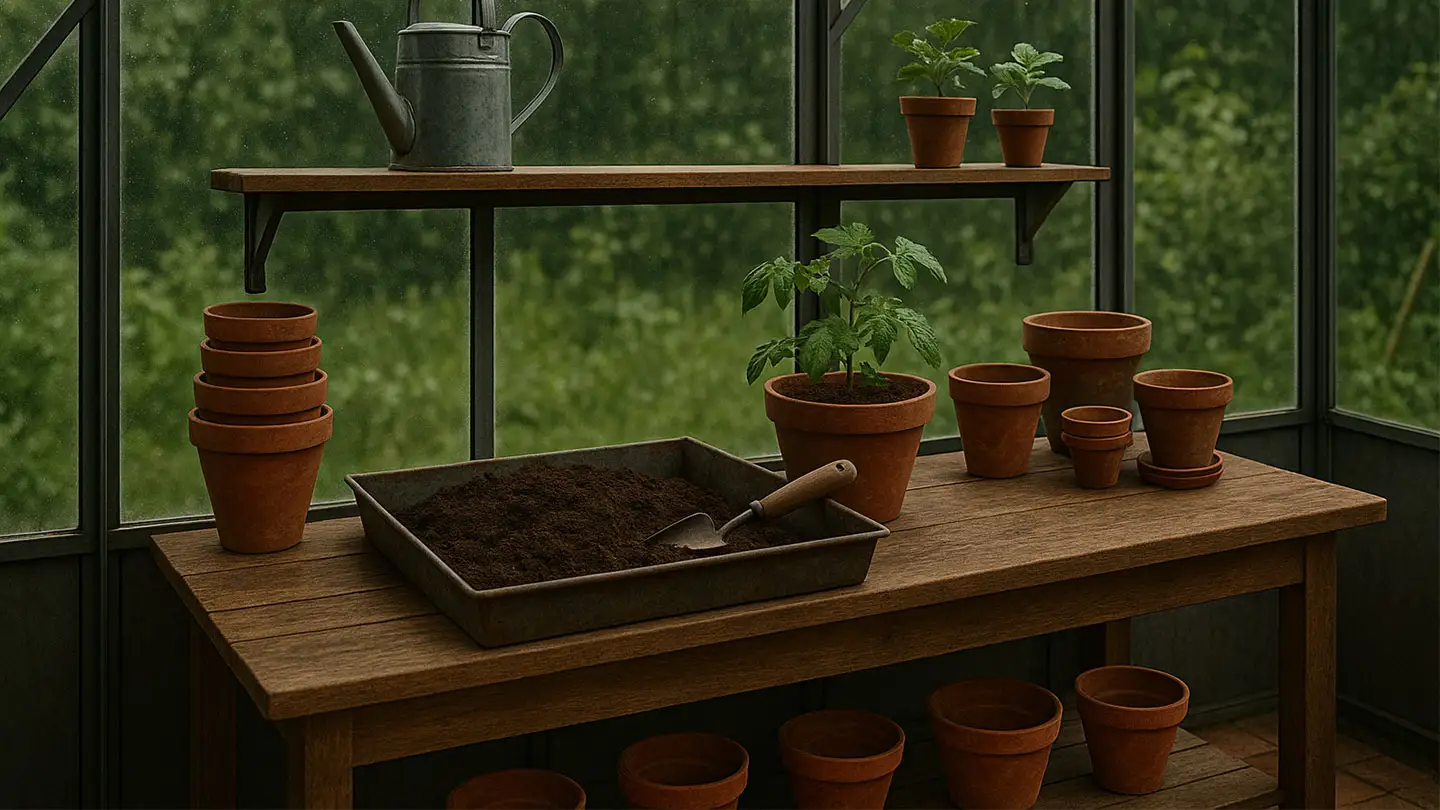 Potting talbe in greenhouse with small plants on top